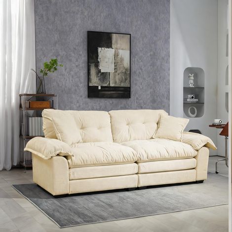 Canapé fixe 2 3 places en tissu chenille beige avec coussins (1/5)