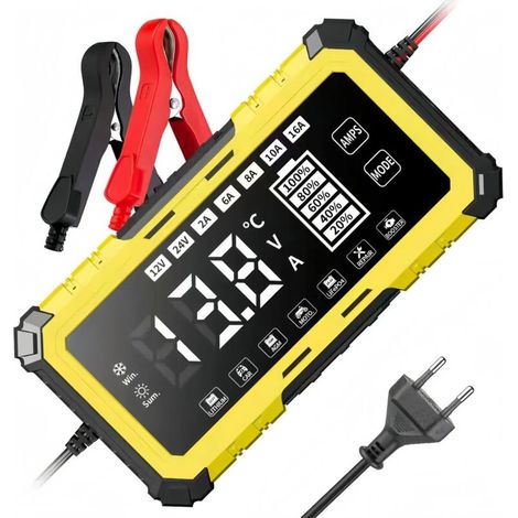 SWT-1608 JauneChargeur de batterie automobile 12 V/24 V/15 A pour batteries au plomb-acide au lithium-fer-phosphate, chargeur 12 V compatible avec les batteries au plomb-acide (1/3)
