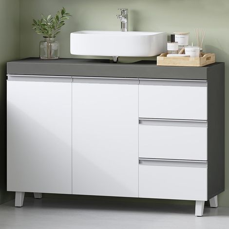 Meuble sous Lavabo, Meuble sous Vasque, Salle de Bain, 2 Portes, 3 tiroirs, Rangement Spacieux, Autoportan, 30 x 90 x 64 cm, Gris Ciment et Blanc Nuage (1/5)
