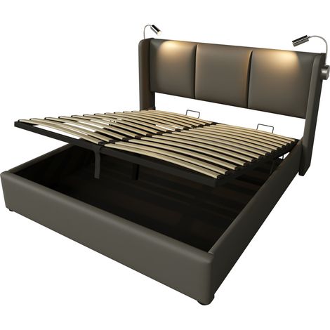 Polster-Doppelbett 180x200 cm mit Stauraum, LED, USB und Hebe-Rahmen grau (1/5)
