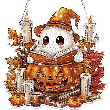 Halloween Diamond Painting Pendentif Fantôme, Kit de Loisirs Créatifs 5D pour Fenêtre pour Enfants & Adultes