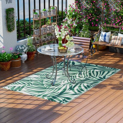 Wendbarer Teppich 152 x 243 cm mit Blattmuster für Terrasse, Balkon, Patio, Camping, Strand, Dunkelgrün und Weiß