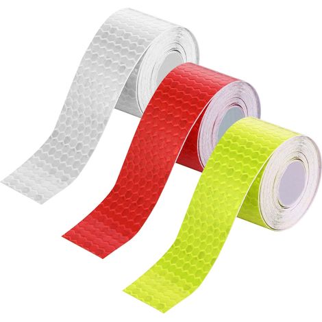 3 rouleaux de ruban réfléchissant, 2 cm x 5 m, bandes réfléchissantes auto-adhésives imperméables, ruban réfléchissant de sécurité extérieure, un rouleau de chaque couleur : rouge, jaune et blanc.