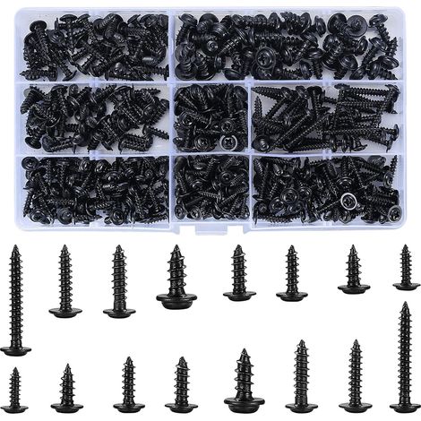 350 pezzi viti autofilettanti, viti autoperforanti in acciaio al carbonio, viti per legno nere, kit di viti a testa tonda, viti a testa piatta Phillips per legno tenero e metallo - 8 specifiche, con s (1/5)