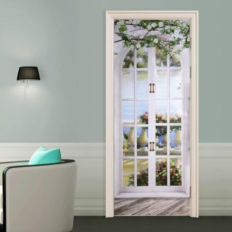 30.3\"x78.7\" Sticker Porte, Poster Porte Trompe L'oeil Pvc Papier Autocollant, Vue du Jardin Sticker Décoration pour Cuisine Chambre Salon Salle de Bain, Decoration Porte (1/5)