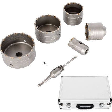 Jeu de scies cloches en béton, acier au tungstène, 5 tailles, diamètres de trou 40-120 mm, longueur de la flûte 50 mm, boîte à outils incluse (1/5)