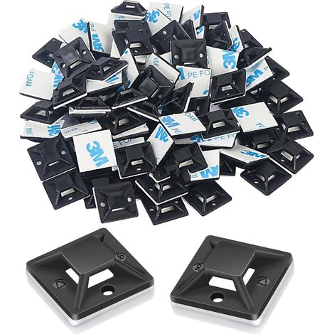 Lot de 100 supports de serre-câbles autocollants - 20 x 20 mm - Base adhésive noire pour serre-câbles - Fixation de câble - Pour la maison et le bureau (1/5)