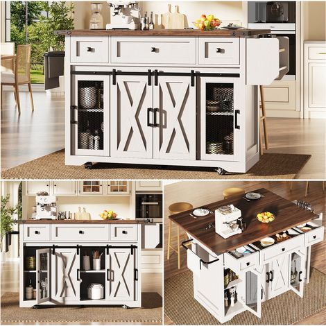 Îlot de cuisine mobile avec plan de travail extensible et prise électrique, Table de cuisine avec rangement, avec tiroirs, hauteur 91 cm, blanc (1/5)