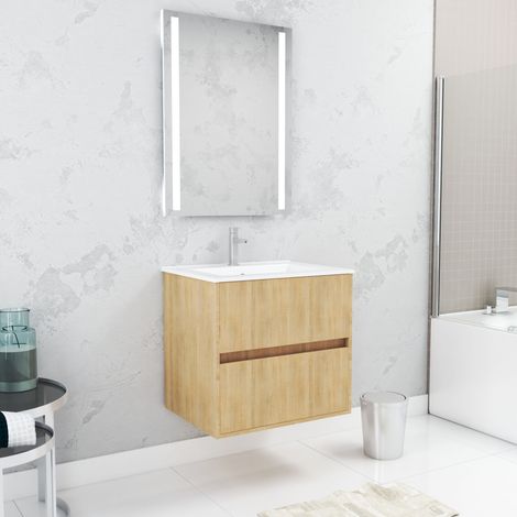 Pack Mueble de Baño 60cm Roble Claro 2 cajones, Lavabo, Espejo 60x80 con luz Led integrada
