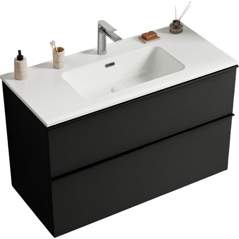 Waschtischunterschrank Bernstein LAVOA 100cm Badmöbel: Schwarz matt, Waschbecken: Weiß glänzend, Metallgriff: Anthrazit matt