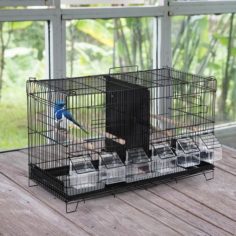 PawHut Cage à oiseaux dim. 59.5L x 26.5I x 39.5H cm mangeoires perchoirs 4 portes plateau excrément amovible + poignée transport métal PP noir
