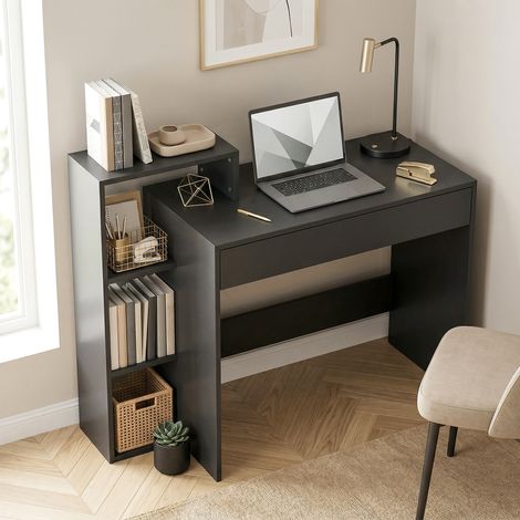 Bureau pc moderne Bois Noir 3 étagères tiroir ouvert 100x40x90 cm