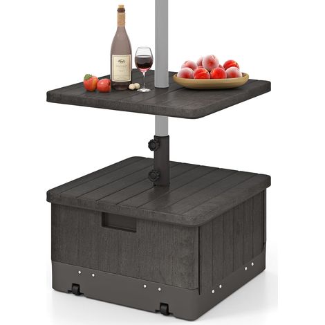GOPLUS Base de Parasol Mobile pour Parasol de 38/48 mm, Remplissable d'eau 45L et de Sable 67KG, Bac à Plantes avec roulettes et Poignée, Plateau de Table, Sac de Poids, 2 Boutons Réglables (Marron) (1/5)