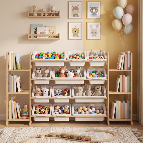 Rangement jouets enfant en bambou avec 12 bacs et étagères (1/5)