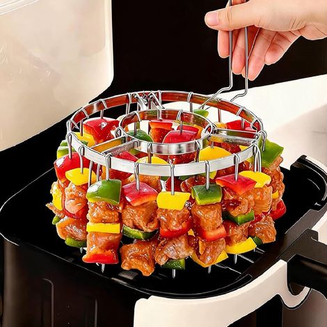 Griglia rotonda per friggitrice ad aria con 24 spiedini in acciaio inox - Verticale e pieghevole - Pinze per la rimozione incluse - Per friggitrici ad aria da 4,5 L - Ø 16,3 x 10 cm (1/5)