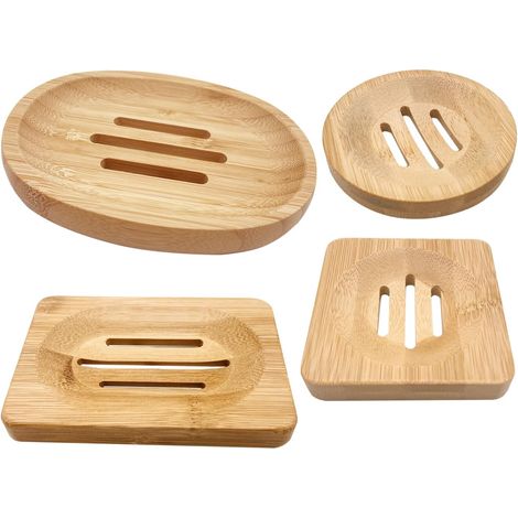 Lot de 4 Porte-Savon en Bois pour Salle de Bain et Maison - Bambou Naturel - Formes Carré/Rond/Ovale/Rectangulaire - Pour Savon et Shampooing (1/5)