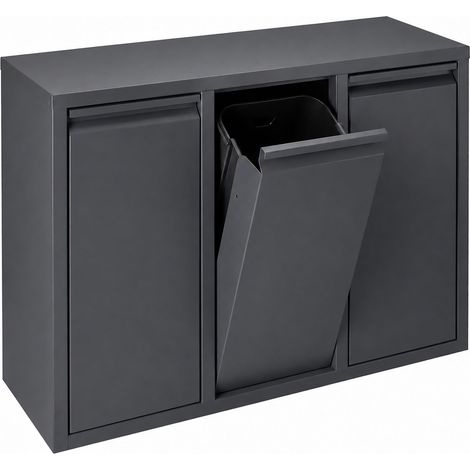 Relaxdays Cubo de basura, 3 compartimentos, 3x10 l, abatible, cubos extraíbles, metal, pie/pared, antracita (1/5)