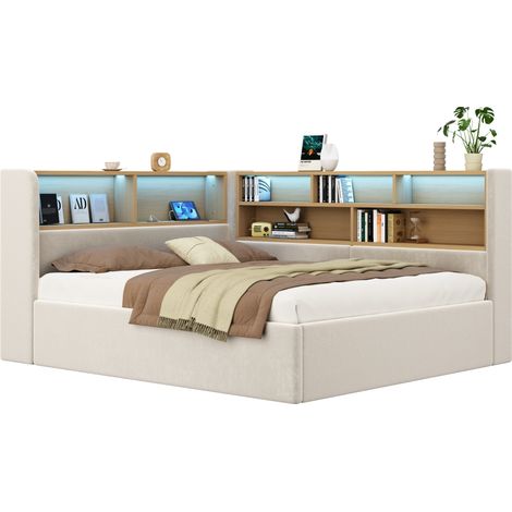 Lit de jour 140x190 cm avec rangement hydraulique, LED, ports USB et Type-C, tête de lit intégrée, velours beige, sans matelas – CHICFURN (1/5)