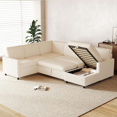 Sofá rinconera en U 274/220/85 cm beige de pana ancha, con cama extraíble y arcón (1/5)
