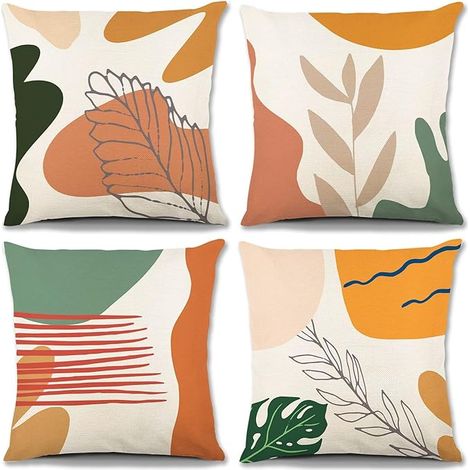 Housse de coussin décorative 18x18 cm, lot de 4, orange brûlé, extérieur, motif abstrait minimaliste, lin rustique, taie pour canapé, sofa, lit, terrasse, patio, décoration maison (1/5)