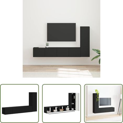vidaXL Rangement salon - Ensemble meuble TV Montage mural 3 pcs Noir Bois d'ingénierie (1/5)