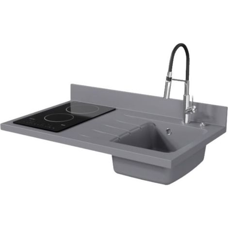Plan de travail monobloc PlaniQuartz avec évier - 100 cm - Cromo - évier à droite - Plaque de cuisson Vitrocéramique