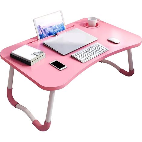 Cette table d'appoint pliable pour ordinateur portable, idéale pour les enfants et dotée d'un porte-gobelet, est fabriquée en MDF et est parfaite pour une utilisation dans une chambre (rose). (1/5)