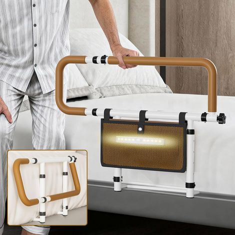 Barrière de Lit Adulte Pliable avec Éclairage LED, Barre d’Appui Réglable en Hauteur et en Largeur, Poignées Antidérapantes, Poche de Rangement, Aide pour Se Lever du Lit pour Personnes Âgées (1/5)