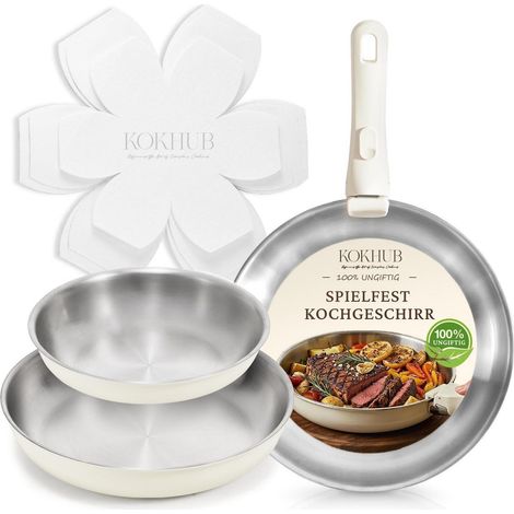 Pfannenset 7-teilig Edelstahl mit abnehmbarem Griff, Induktion, backofenfest, beige