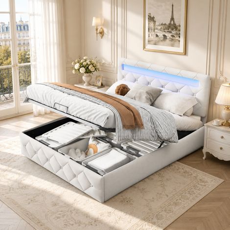 Lit coffre 140 x 200 cm avec Éclairage LED réglable - Beige - Lit adulte avec sommier lattes en métal - Tête de lit capitonnée en velours - Capacité de charge 350 kg (1/5)