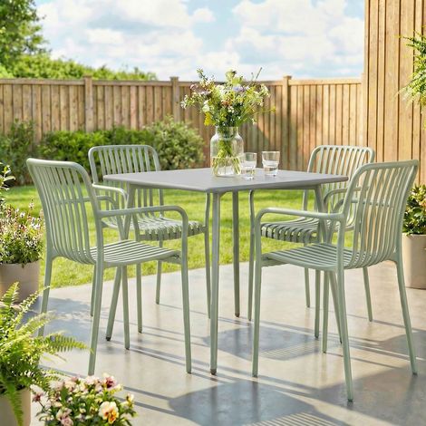 Set di 4 sedie da giardino impilabili in polipropilene resistente ai raggi UV con braccioli e schienale ergonomici a doghe, grigio-verde
