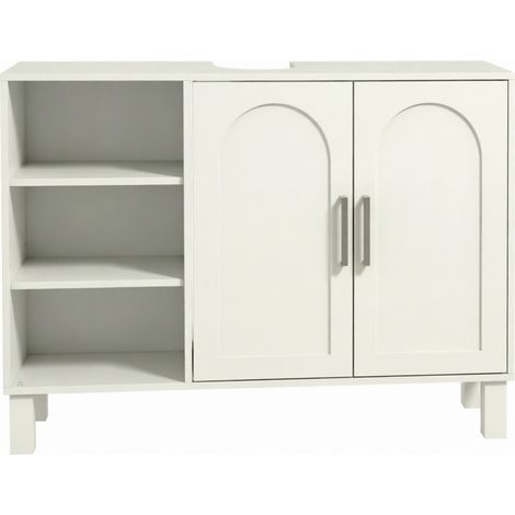 CHICFURN Meuble sous lavabo salle de bain crème 90 x 30 x 63 cm avec étagères ouvertes, placard 2 portes et découpe en U 15 x 20 cm pour vasque murale (1/5)