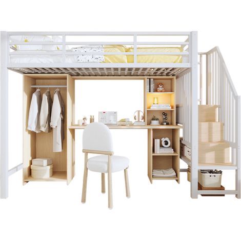 Letto a soppalco in metallo bianco 90x200 cm con armadio, scrivania e scale contenitore (1/5)