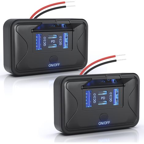 Adaptateur multiport étanche pour camping-car, camion, quad et bus. Compatible avec 2 prises USB 12 V, 4 ports, 108 W, 2 ports PD3.0 Type-C de 36 W et 2 ports QC3.0 de 18 W.