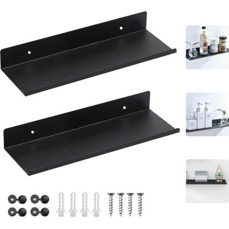 Tablette Flottante Noire, 2 Pièces Étagères Murales en Métal, Petite Etagere Murale, Tablette Salle de Bain, Charge Maximal 10 Kg avec Trous et Vis pour Cuisine,Chambre,Salon,Bain, 30cm