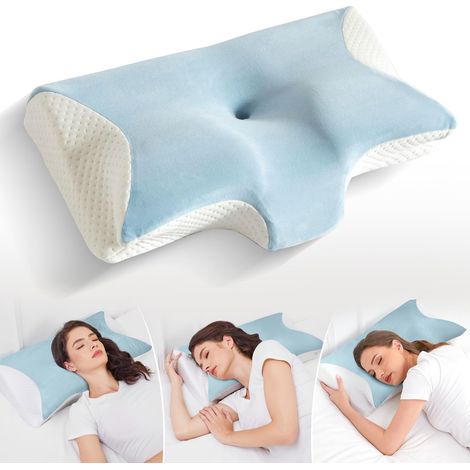 Oreiller mousse à mémoire, orthopédique cervical ergonomique, soulage nuque dos épaules, design papillon, flanelle douce - Bleu (1/5)