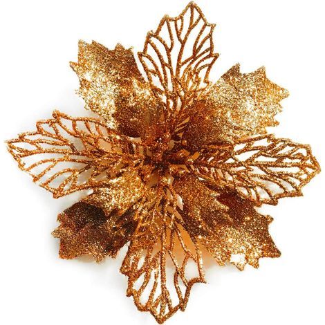 12 fleurs de poinsettia pailletées pour sapin de Noël, 16 cm de diamètre, avec 12 attaches vert tendre (bronze)