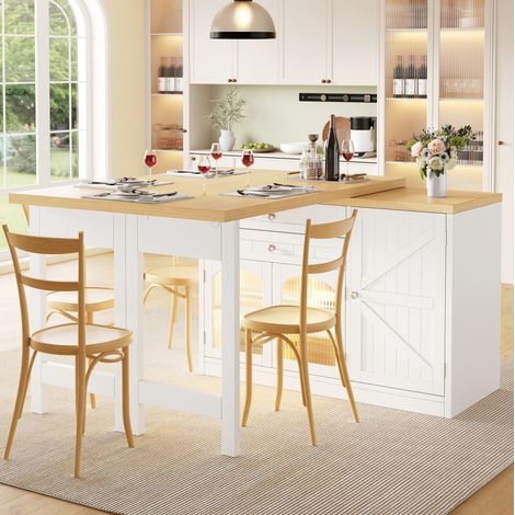 MODFU – Isola cucina allungabile 120-194 cm in MDF/metallo con piano girevole 360°, cassetti e vetro, carico 60 kg – Bianco (1/5)