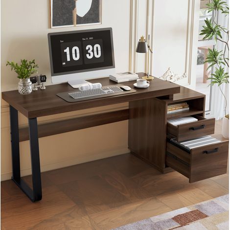 Schreibtisch 135x54x cm braun aus MDF und Metall mit Schublade und offenen Ablagefächern (1/5)
