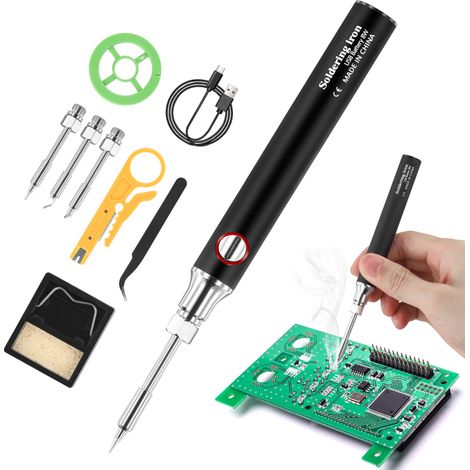Fer à souder USB, avec batterie, 3 pannes et capuchon de protection. Plage de température : 330-450 °C. Rechargeable, chauffe rapide, portable et sans fil. (1/5)