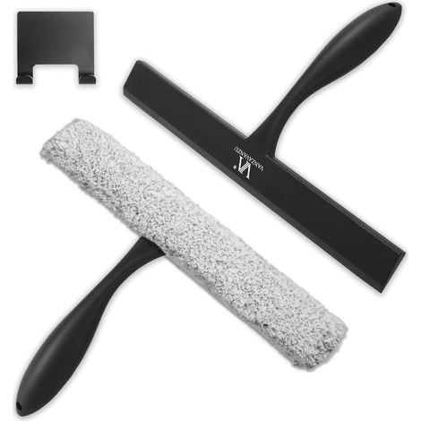 Raclette de douche pour portes en verre et kit de nettoyage avec microfibre - 27,9 cm - Outils de lavage de fenêtre avec poignée antidérapante et crochet adhésif (1/5)