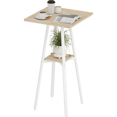 Table of kitchen square high with shelf for 2 person, feet in metal, 55 x 55 x 95 cm, wood natural and white (1/5)