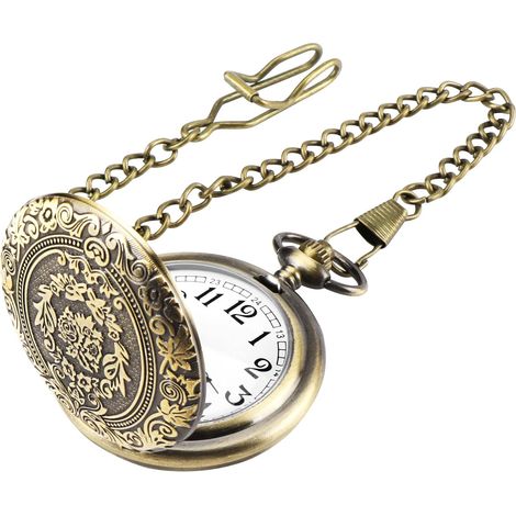 Montre de Poche Montre Gousset Vintage à Quartz avec Chaîne pour Hommes Femmes Papa Fête d’Anniversaire (Bronze)