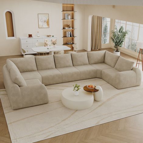 Sofá esquinero modular en U de espuma, sofá de 7 plazas sin estructura para salón, tejido de chenilla con relleno de espuma de alta resiliencia, 411 cm, Caqui (1/5)