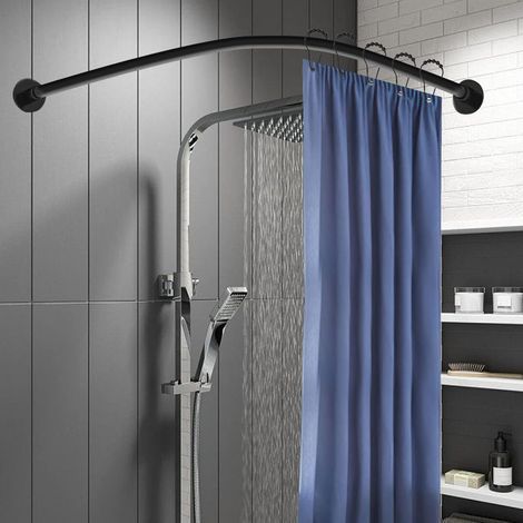Tringle à rideau de douche télescopique en forme de L en acier inoxydable - Guide de rideau de douche incurvé sans perçage - Pour salle de bain, dressing, chambre à coucher (noir) (1/5)