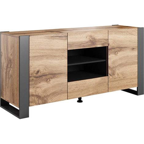 Buffet Albignola, buffet de salon avec deux portes battantes, deux tiroirs et compartiments intérieurs, surélevé du sol, 164x44 h80 cm, chêne noueux et anthracite (1/5)