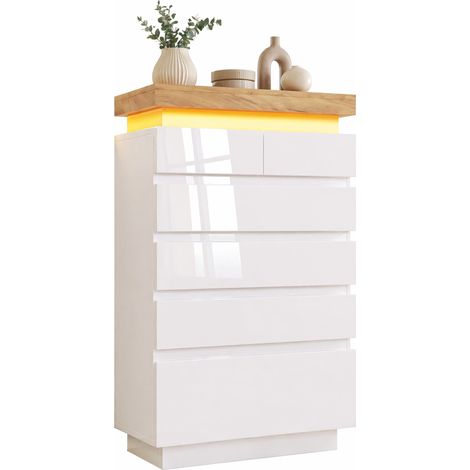 Commode blanche brillante 6 tiroirs avec LED App, meuble multifonction 115 x 73 x 39 cm- FLORAGRACE (1/5)