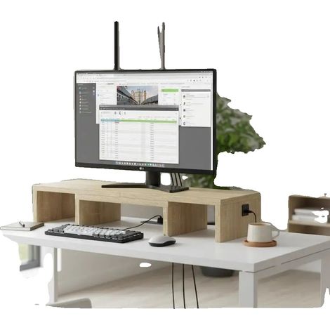 Soporte para monitor, diseño en madera de ingeniería, compartimentos de almacenamiento integrados, color marrón. (1/2)