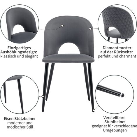 6er-Set Esszimmerstühle 47 x 44 x 84 cm aus grauem Samt, Rautenmuster, stabil – MEUBLIV (1/5)