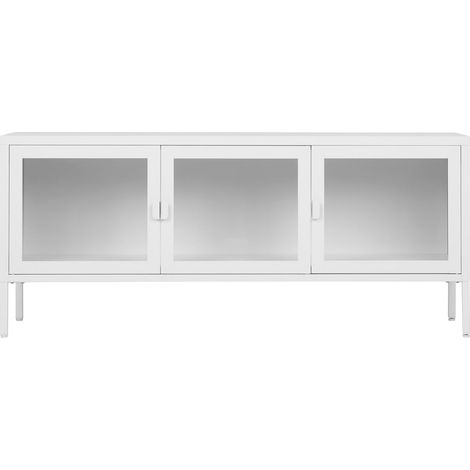 Mobile TV Brisbane con 3 ante in vetro, acciaio bianco 130×40×55 cm